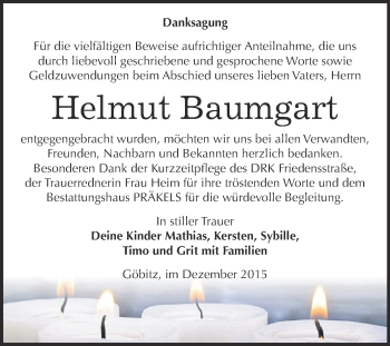 Traueranzeige von Helmut Baumgart von Super Sonntag Zeitz