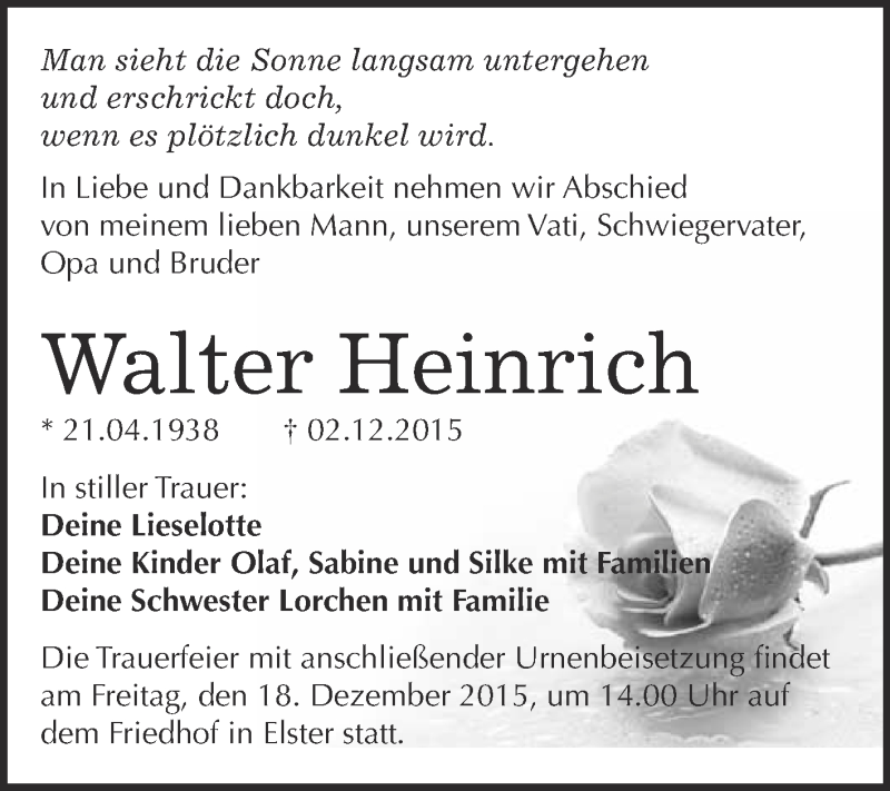  Traueranzeige für Walter Heinrich vom 12.12.2015 aus WVG - Wochenspiegel Wittenberg