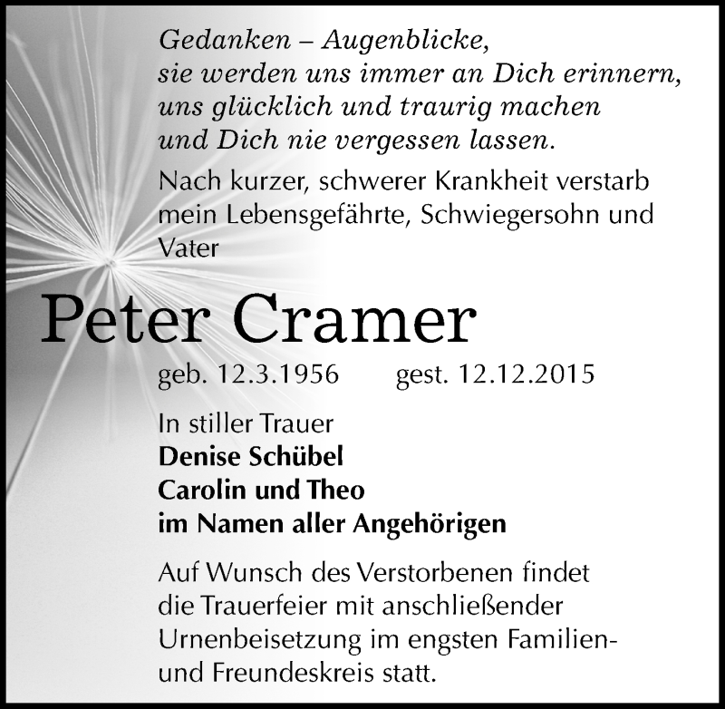  Traueranzeige für Peter Cramer vom 19.12.2015 aus Mitteldeutsche Zeitung Sangerhausen