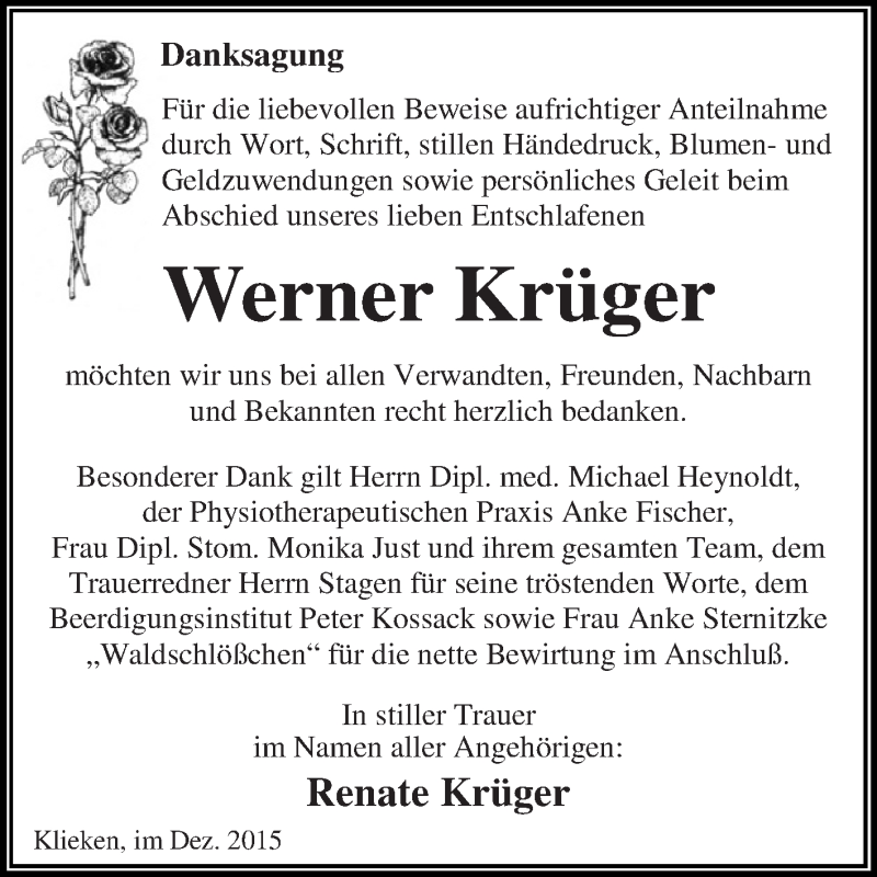  Traueranzeige für Werner Krüger vom 19.12.2015 aus WVG - Wochenspiegel Dessau / Köthen