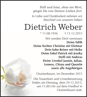 Traueranzeige von Dietrich Weber von WVG - Wochenspiegel Wittenberg