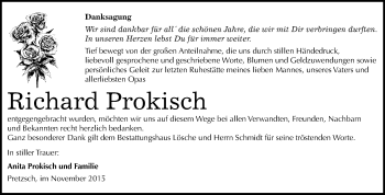 Traueranzeige von Richard Prokisch von WVG - Wochenspiegel Wittenberg