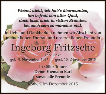 Traueranzeige von Ingeborg Fritzsche von WVG - Wochenspiegel Dessau / Köthen