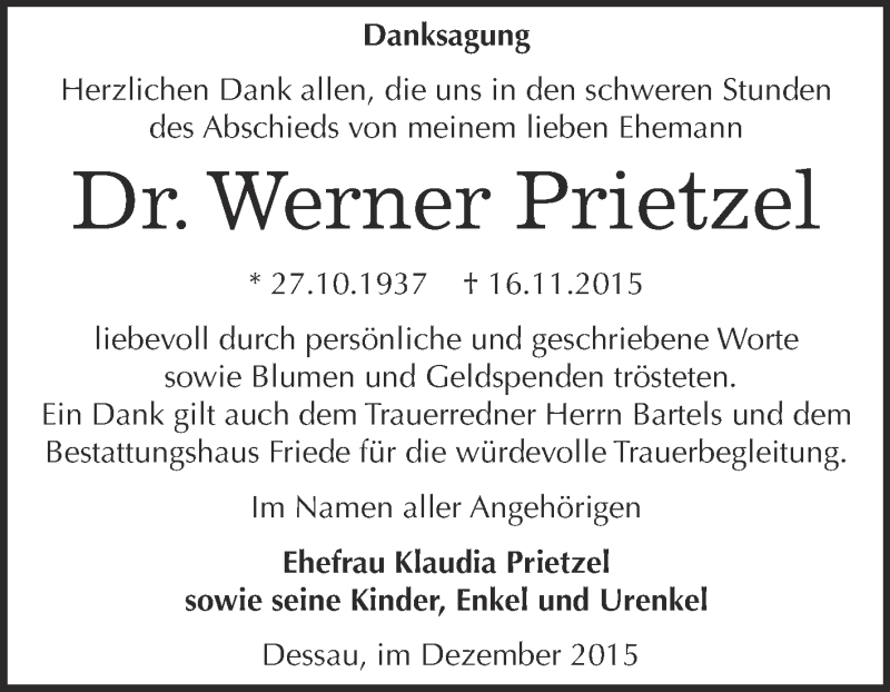  Traueranzeige für Werner Prietzel vom 19.12.2015 aus WVG - Wochenspiegel Dessau / Köthen