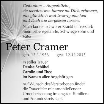 Traueranzeige von Peter Cramer von Super Sonntag SGH Mansf. Land