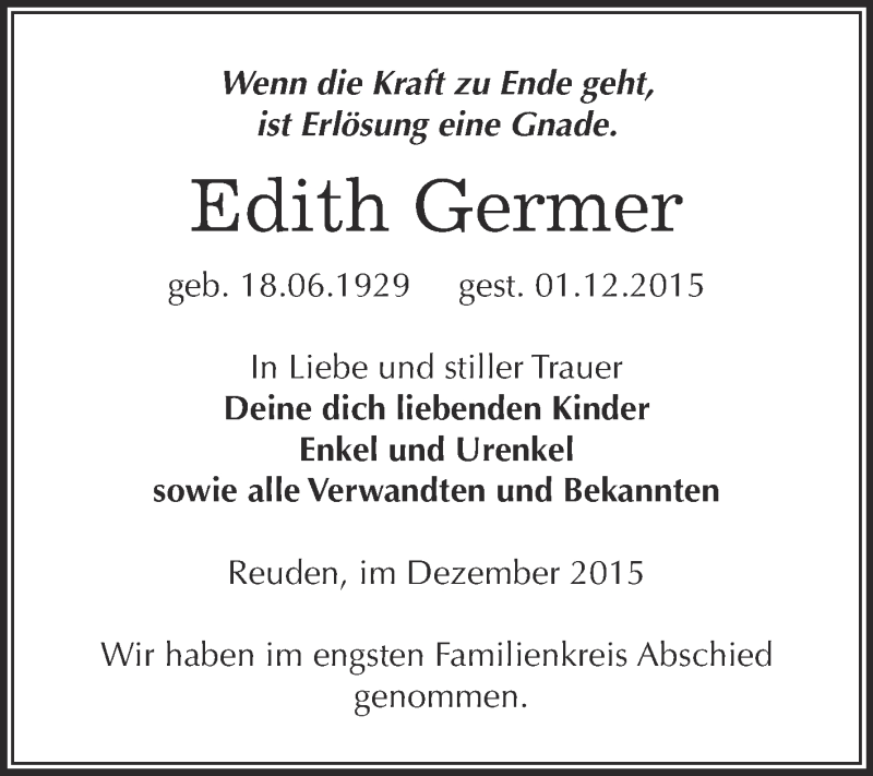  Traueranzeige für Edith Germer vom 05.12.2015 aus Super Sonntag Zeitz