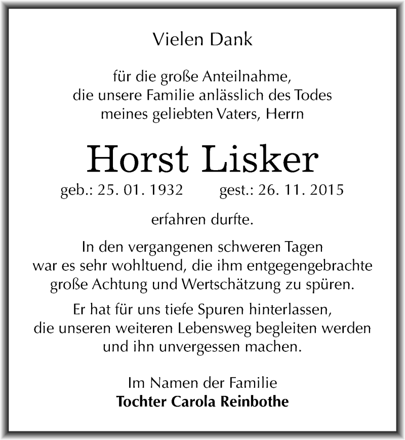  Traueranzeige für Horst Lisker vom 23.12.2015 aus Mitteldeutsche Zeitung Weißenfels