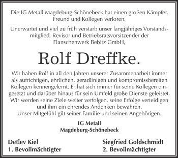 Traueranzeige von Rolf Dreffke von Super Sonntag Bernburg