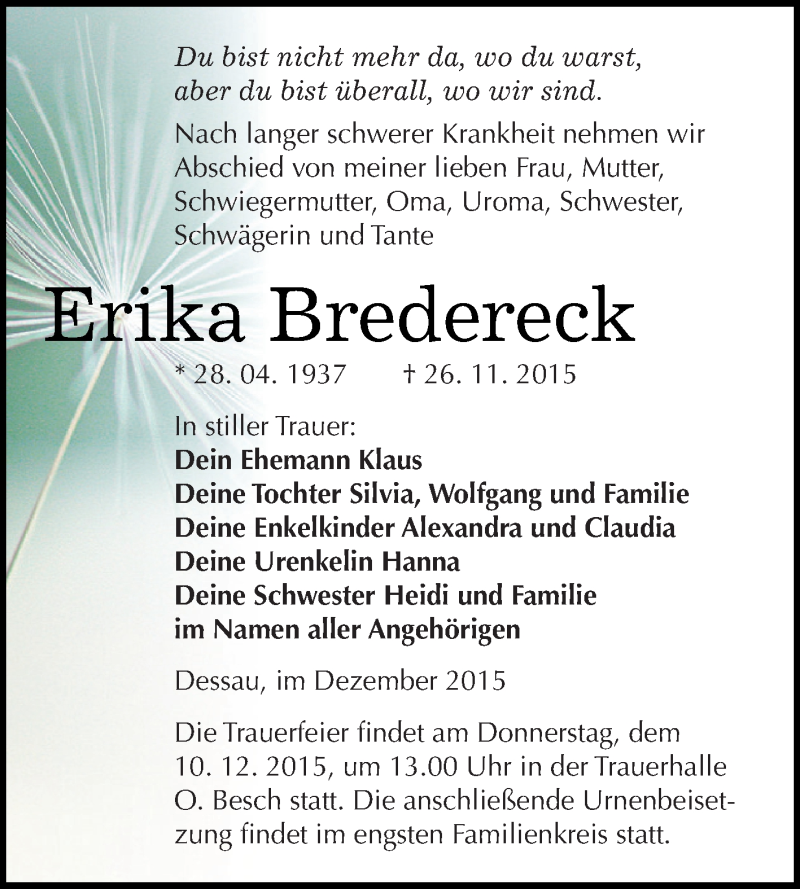  Traueranzeige für Erika Bredereck vom 02.12.2015 aus WVG - Wochenspiegel Dessau / Köthen