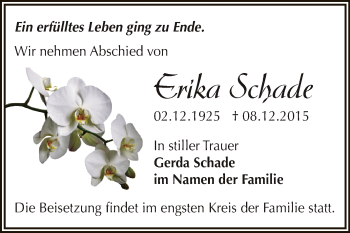 Traueranzeige von Erika Schade von WVG - Wochenspiegel Dessau / Köthen