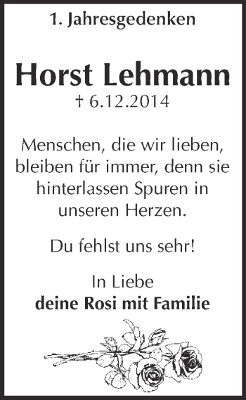 Traueranzeige von Horst Lehmann von WVG - Wochenspiegel Dessau / Köthen