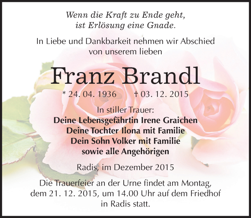  Traueranzeige für Franz Brandl vom 09.12.2015 aus Mitteldeutsche Zeitung Wittenberg