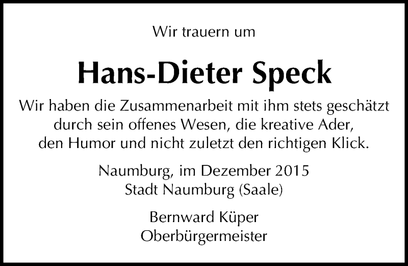  Traueranzeige für Hans-Dieter Speck vom 22.12.2015 aus Mitteldeutsche Zeitung Naumburg/Nebra