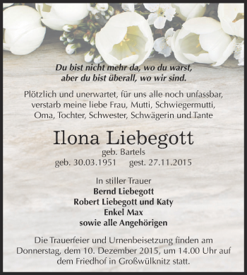Traueranzeige von Ilona Liebegott von WVG - Wochenspiegel Dessau / Köthen