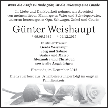 Traueranzeige von Günter Weishaupt von Super Sonntag SGH Mansf. Land
