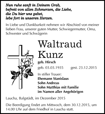 Traueranzeige von Waltraud Kunz von Mitteldeutsche Zeitung Naumburg/Nebra
