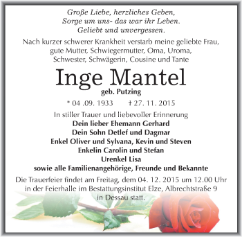 Traueranzeige von Inge Mantel von Mitteldeutsche Zeitung Dessau-Roßlau