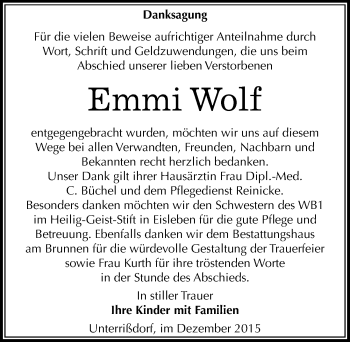 Traueranzeige von Emmi Wolf von Mitteldeutsche Zeitung Mansfelder Land
