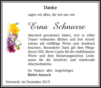 Traueranzeige von Erna Schnurre von Mitteldeutsche Zeitung Quedlinburg