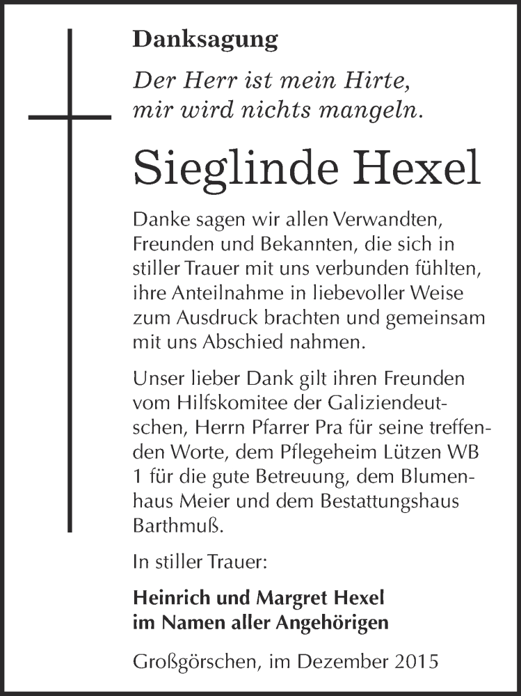  Traueranzeige für Sieglinde Hexel vom 30.12.2015 aus WVG - Wochenspiegel Merseburg