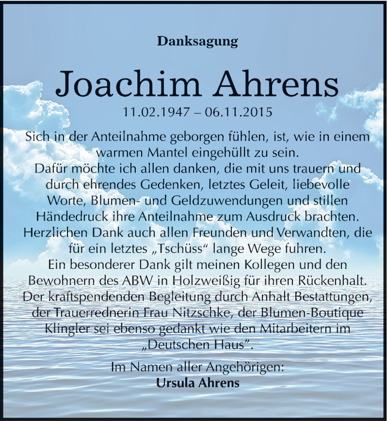  Traueranzeige für Joachim Ahrens vom 12.12.2015 aus Mitteldeutsche Zeitung Bitterfeld