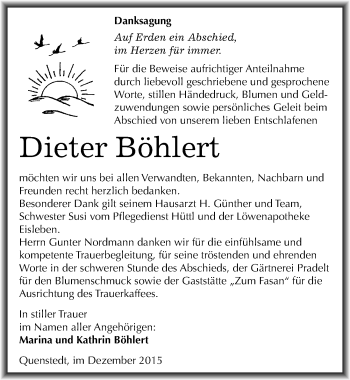 Traueranzeige von Dieter Böhlert von Mitteldeutsche Zeitung Mansfelder Land