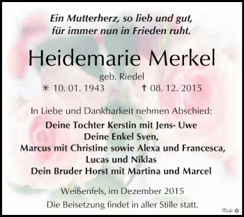 Traueranzeige von Heidemarie Merkel von WVG - Wochenspiegel NMB / WSF / ZTZ