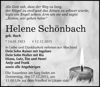 Traueranzeige von Helene Schönbach von Mitteldeutsche Zeitung Weißenfels