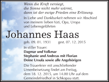 Traueranzeige von Johannes Haas von Mitteldeutsche Zeitung Merseburg/Querfurt
