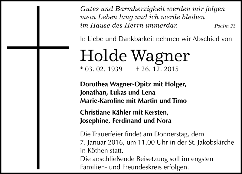  Traueranzeige für Holde Wagner vom 30.12.2015 aus Mitteldeutsche Zeitung Köthen