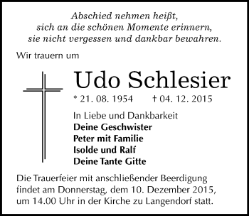 Traueranzeige von Udo Schlesier von Mitteldeutsche Zeitung Zeitz