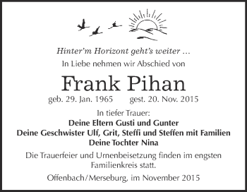 Traueranzeige von Frank Pihan von Super Sonntag Merseburg