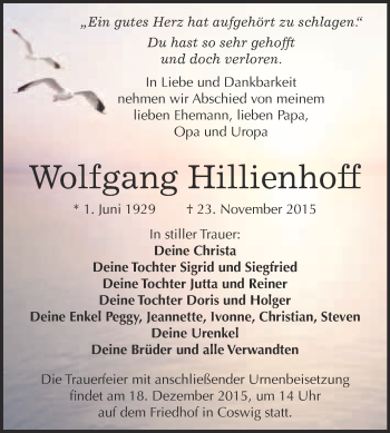 Traueranzeige von Wolfgang Hillienhoff von Super Sonntag Wittenberg