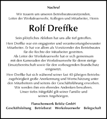 Traueranzeige von Rolf Dreffke von Super Sonntag Bernburg