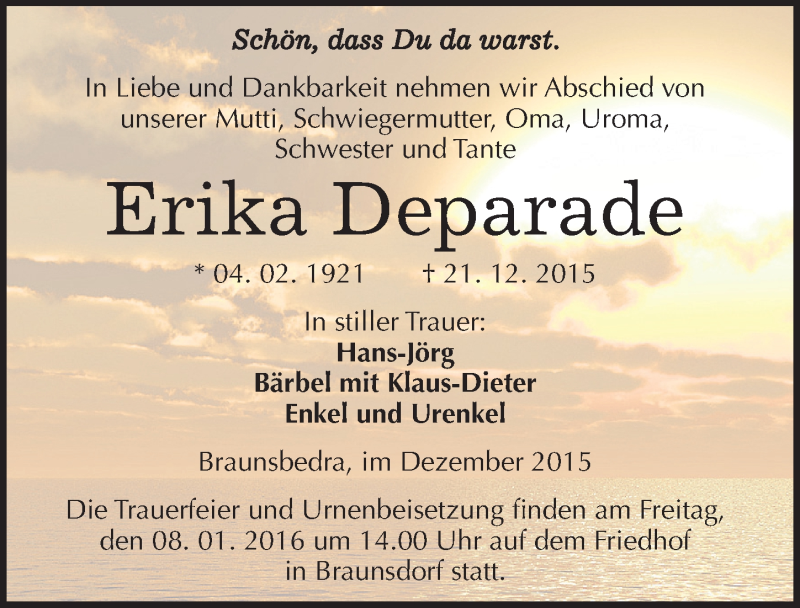  Traueranzeige für Erika Deparade vom 29.12.2015 aus Mitteldeutsche Zeitung Merseburg/Querfurt