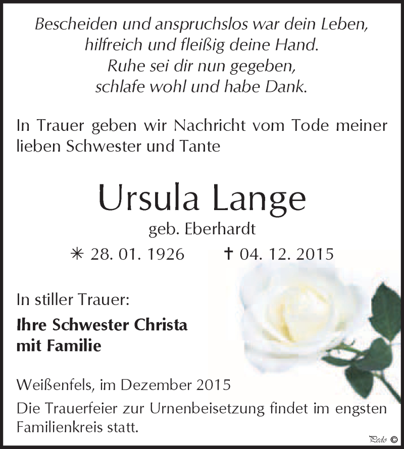  Traueranzeige für Ursula Lange vom 16.12.2015 aus WVG - Wochenspiegel NMB / WSF / ZTZ