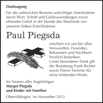 Traueranzeige von Paul Piegsda von Super Sonntag SGH Mansf. Land