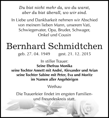 Traueranzeige von Bernhard Schmidtchen von Mitteldeutsche Zeitung Naumburg/Nebra