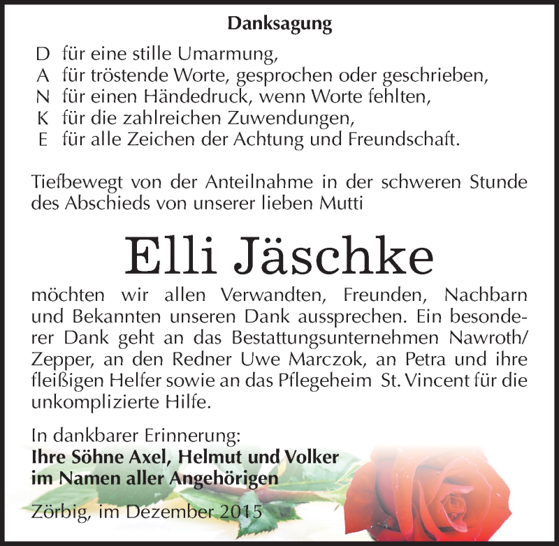  Traueranzeige für Elli Jäschke vom 30.12.2015 aus Mitteldeutsche Zeitung Bitterfeld