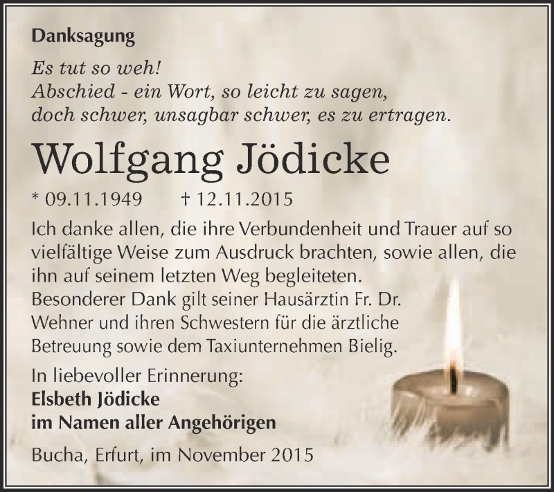  Traueranzeige für Wolfgang Jödicke vom 09.12.2015 aus WVG - Wochenspiegel NMB / WSF / ZTZ