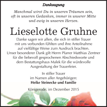 Traueranzeige von Lieselotte Gruhne von WVG - Wochenspiegel Quedlinburg