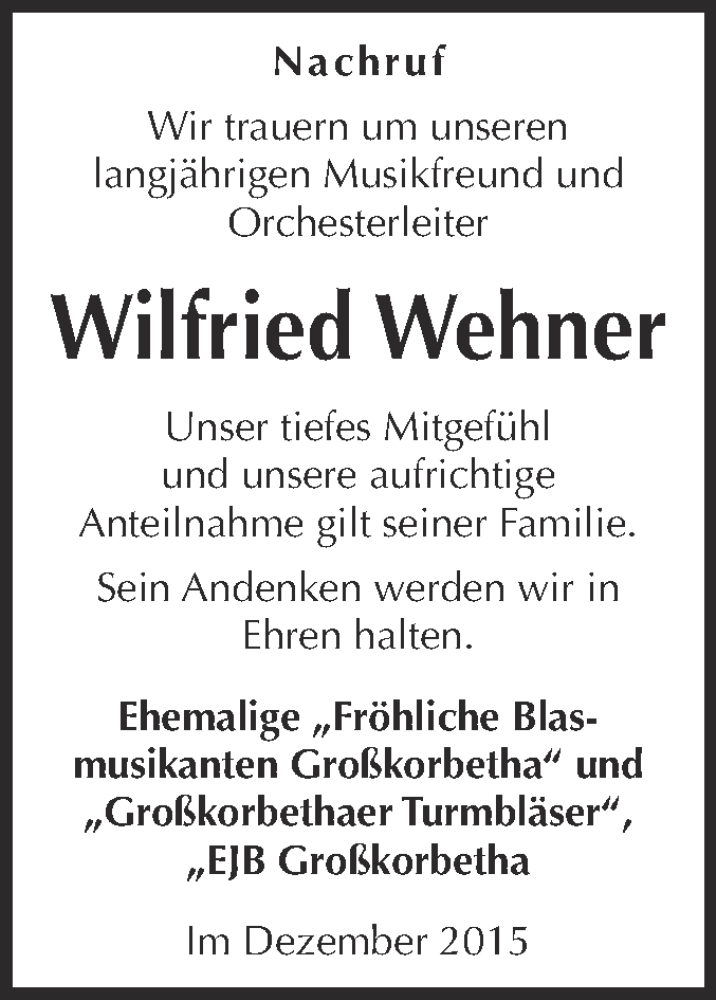  Traueranzeige für Wilfried Wehner vom 30.12.2015 aus Super Sonntag Merseburg