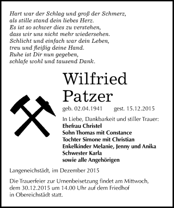 Traueranzeige von Wilfried Patzer von Mitteldeutsche Zeitung Merseburg/Querfurt