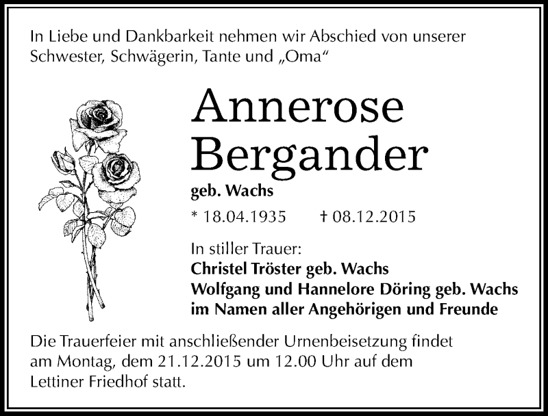  Traueranzeige für Annerose Bergander vom 16.12.2015 aus Mitteldeutsche Zeitung Halle/Saalkreis