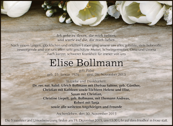 Traueranzeige von Elise Bollmann von Super Sonntag Aschersleben