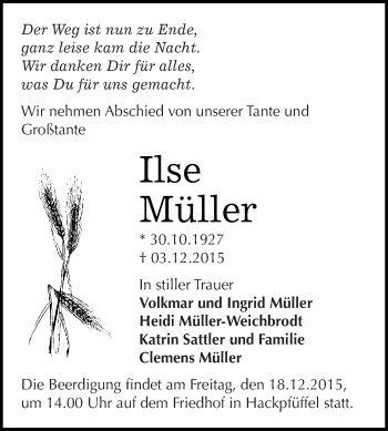 Traueranzeige von Ilse Müller von WVG - Wochenspiegel SGH