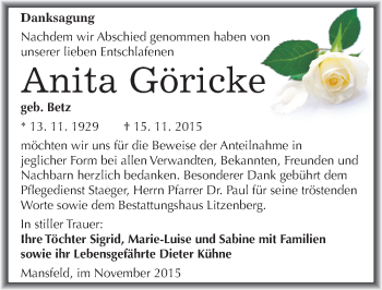 Traueranzeige von Anita Göricke von Mitteldeutsche Zeitung Mansfelder Land