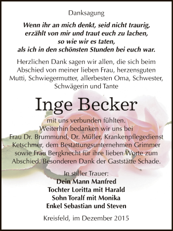 Traueranzeige von Inge Becker von Wochenspiegel Mansfelder Land