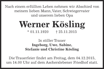 Traueranzeige von Werner Kösling von Super Sonntag Aschersleben