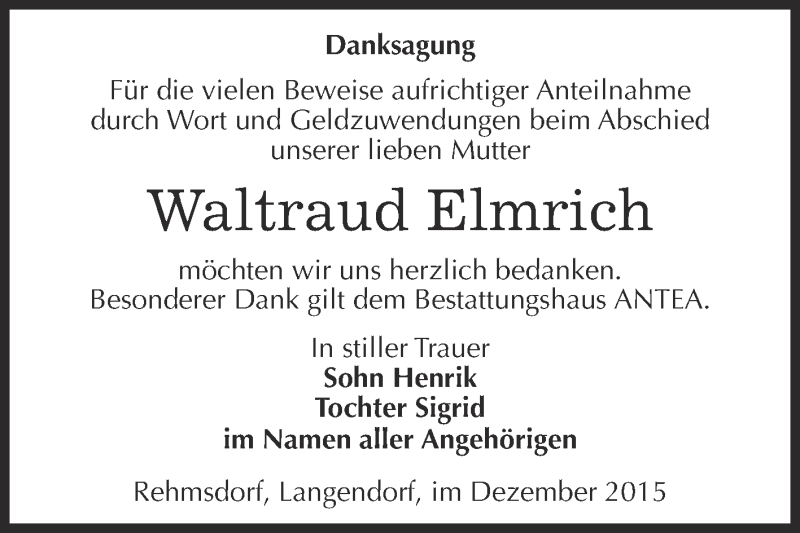  Traueranzeige für Waltraud Elmrich vom 05.12.2015 aus Super Sonntag Zeitz